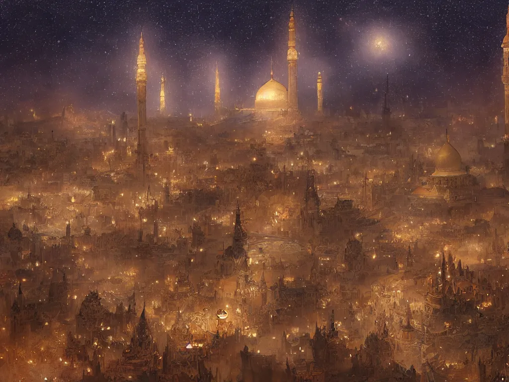 Image similar to a view from the river of a dome - covered city resembling ancient baghdad at night with the sky full of stars, intricate, elegant, highly detailed, digital painting, artstation, concept art, smooth, sharp focus, colored illustration for tattoo, art by krenz cushart and artem demura and alphonse mucha,