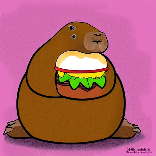 Prompt: A humanoid obese capybara eating a burger, digital art