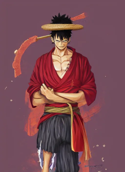 Prompt: a portrait of Luffy if he was real, wearing a traditional samurai dress, serious stance, intricate, highly detailed, digital painting, artstation, concept art, smooth, sharp focus, illustration, art by Charlie Bowater and Gustave Baumann, matte painting