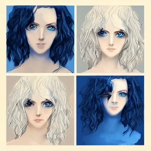 Prompt: pale girl with striking blue eyes and curly black hair in a bob hairstyle, digital art, trending on artstation