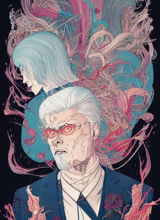 Prompt: beautiful illustration of a white haired yakuza in a suit, in the style of james jean and victo ngai and sam guay and moebius and sam spratt, vibrant moody colors, comic cover art, trending on artstation