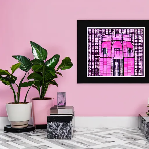 Image similar to a greco - roman marble bust sits on a pink and black checkerboard tile floor, a pink wall in the background with a framed photo of a cityscape at night