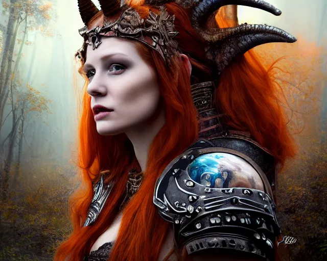 Image similar to 5 5 mm portrait photo of an armored gorgeous anesthetic redhead woman warrior with a face tattoo and horns growing from her head, and small dragon sitting on her shoulder in a magical forest in the style of stefan kostic, art by luis royo. highly detailed 8 k. intricate. lifelike. soft light. nikon d 8 5 0. cinematic post - processing