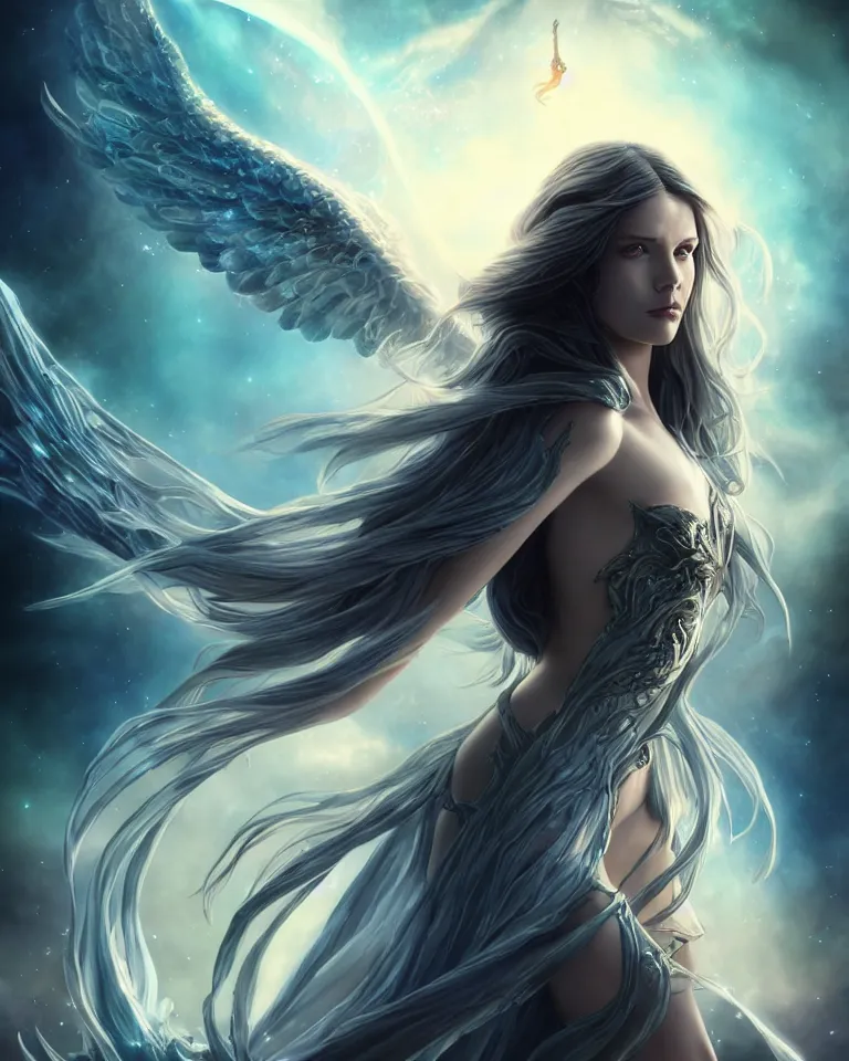 Image similar to beautiful cinematic fantasy poster, one beautiful fantasy angel floating, beautiful glowing galaxy eyes, hybrid from The Elden Ring and art direction by Darius Zawadzki ;by artgerm; wayne reynolds art station; cinematic quality character render; low angle; ultra high quality model; production quality cinema model;