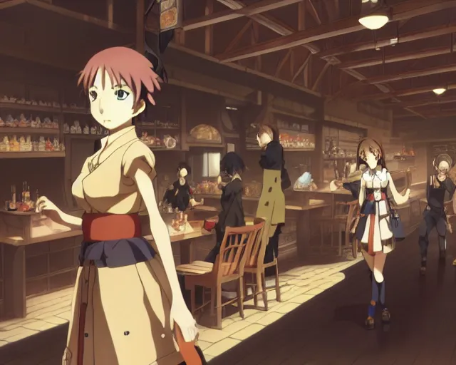 Image similar to anime visual, portrait of a young female walking through a busy tavern interior, face by yoh yoshinari, murata range, last exile, blue submarine no 6, dynamic pose, dynamic perspective, detailed silhouette, cel shaded anime