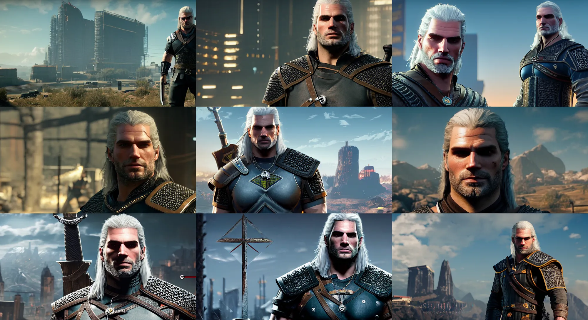 Prompt: henry cavill as geralt of rivia, in the style of johnny silverhand, in the style of cyberpunk 2 0 7 7, unreal engine 5, 8 k, sharp and detailed