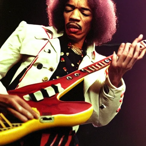 Image similar to Jimi Hendrix playing a hotdog-guitar on stage at the Budokan