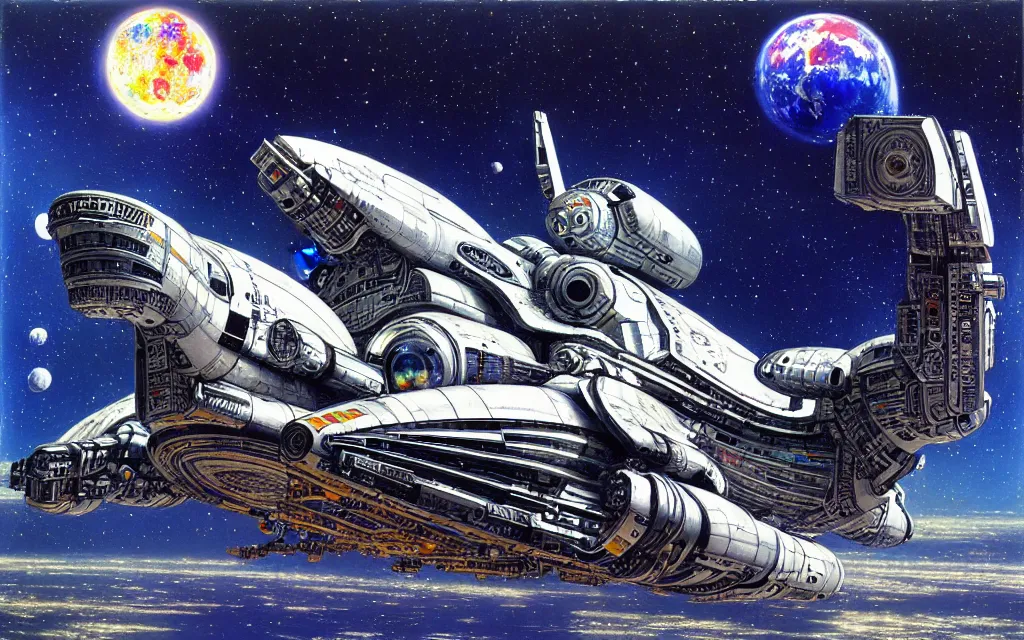 Image similar to futurist cyborg spaceship, perfect future, award winning art by alan bean, sharp color palette