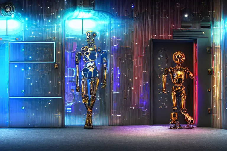 Prompt: entrance door to a futuristic nightclub, in front of the door is a long queue golden and blue metal humanoid steampunk robots wearing and gears and tubes, eyes are glowing red lightbulbs, shiny crisp finish, 3 d render, 8 k, insaneley detailed, fluorescent colors, background is back yrad of a nightclub, nightlight