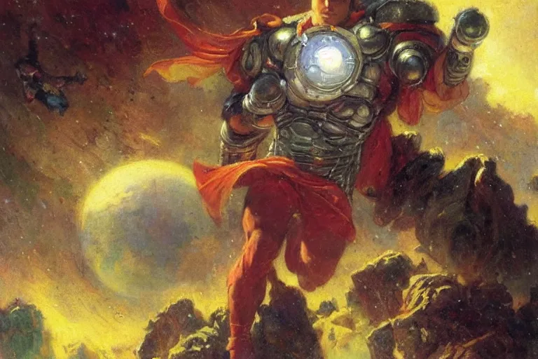 Image similar to portrait of omni - man conquering a planet. art by gaston bussiere.