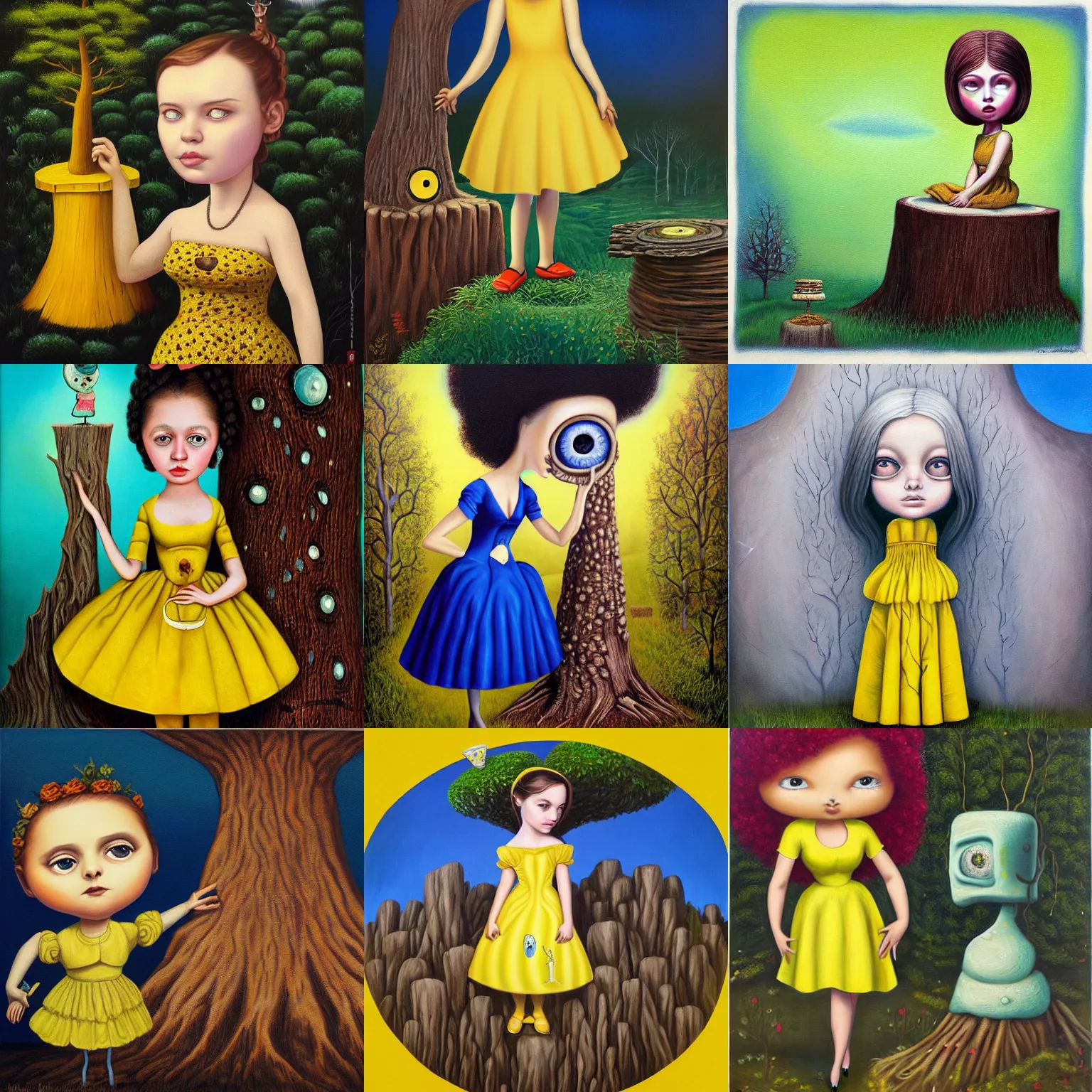 Prompt: a painting of a girl in a yellow dress next to a tree stump with an eye, a surrealist painting by Mark Ryden, featured on cgsociety, pop surrealism, whimsical, storybook illustration, lovecraftian