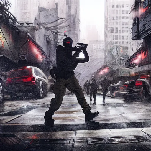 Image similar to A man wearing Reindeelusion Steven Cargo pants and Nike Tech fleece Shirt and Nike Acronym presto sneakers, rooftop, sniper rifle stationed in background, Police sirens shining in far background, high quality, digital art, dirty cyberpunk city, rain, greg rutkowski