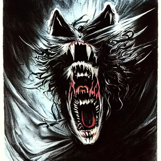 Image similar to dynamic action shot of a werewolf with long fangs and extended claws leaping forward, exaggerated muscle anatomy, crazed expression, by bill sienkiewicz, simon bisley and stephen gammell, horror, dark fantasy, extremely hyperdetailed, ghostly, 8 k, photorealism, hyperrealism, atmospheric lighting w 9 6 0