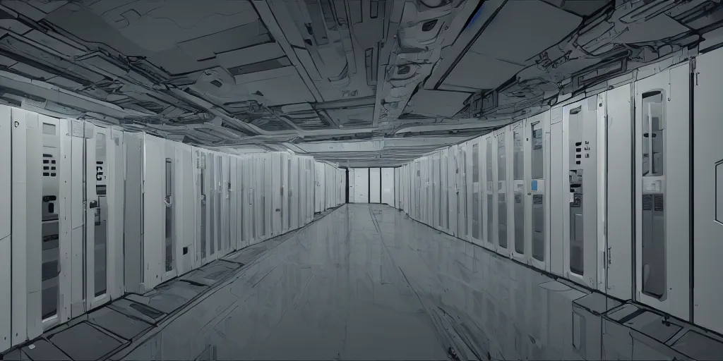 Image similar to parallax datacenter server room white rusty android robocowboy in artstation
