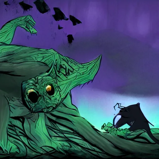 Image similar to a giant bat monster eating a baby harp seal, dark alien world with deep purple and green vines, swamp, genndy tartakovsky, primal, scary lighting, clear focus, very coherent