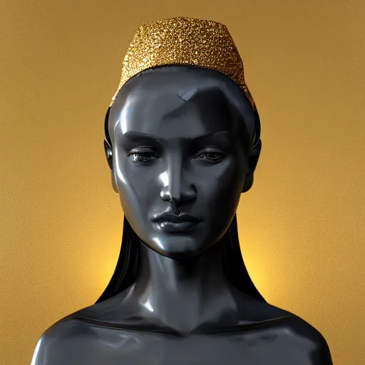 Image similar to smooth white marble statue face of gorgeous woman, black onyx details, black and gold wires, hyper realistic render, super detailed, photo quality, octane render, corona render