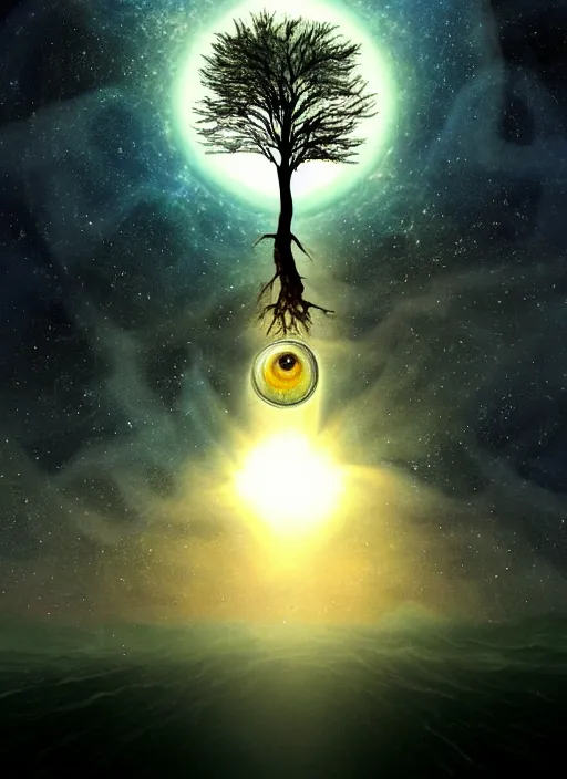 Image similar to a god tree from which planets or galaxies hang instead of futas, the tree is on top of a calm sea, in the background there is an eye whose iris coincides with the tree. fantasy art, horror, photo realistic, dynamic lighting, artstation, poster, volumetric lighting, very detailed faces, 4 k, award winning