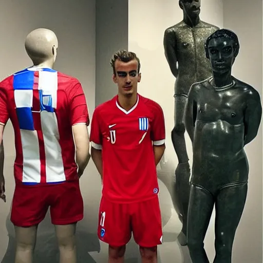 Image similar to “ a realistic detailed photo of a guy who is an attractive humanoid who is half robot and half humanoid, who is a male android, soccer player antoine griezmann, shiny skin, posing like a statue, blank stare, at the museum, on display ”