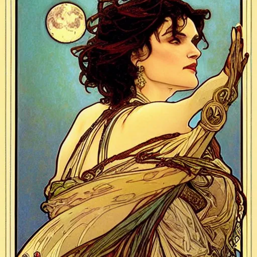 Image similar to rachel weisz portrait by louis - theophile hingre and alphonse mucha, realistic, sharp focus, zodiac signs, tarot cards, planets, ethereal, art nouveau, magic, moon, sun, crown, dreamy, royal, jewellery