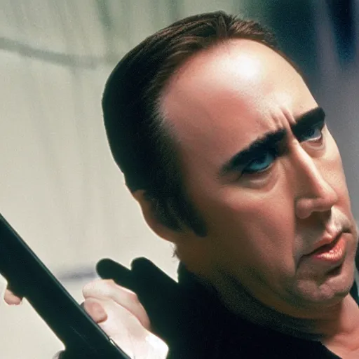 Image similar to nicholas cage as neo from matrix, dodging bullets