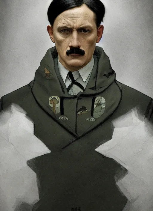 Prompt: Hitler in luxuruous sweatshirt nike suit, sigma male, nike logo, accurately portrayed, portrait art by alphonse mucha and greg rutkowski, highly detailed, digital painting, concept art, illustration, dim lighting with twilight rays of sunlight, trending on artstation, very detailed, smooth, sharp focus, octane render, close up