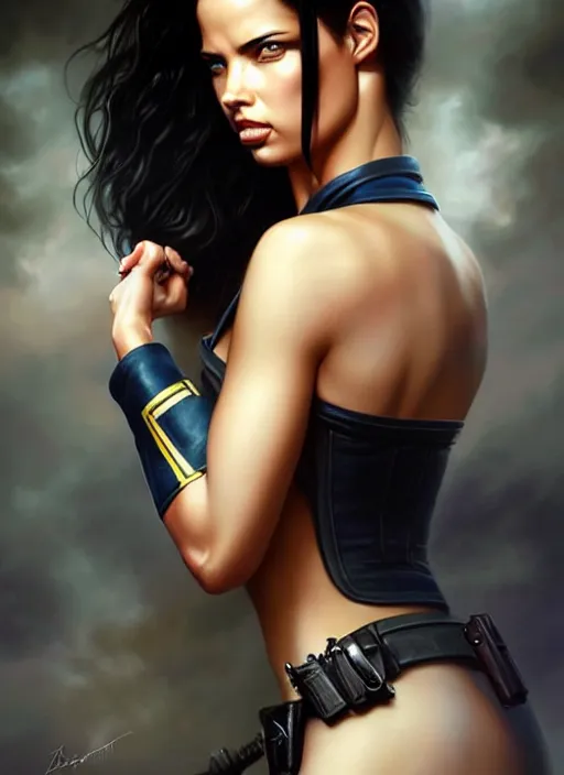 Image similar to a beautiful woman with police uniform, adriana lima, painted by artgerm and tom bagshaw, fantasy art, dramatic lighting, highly detailed oil painting