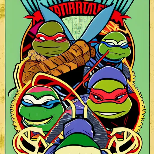 Prompt: ninja turtles mucha style poster art, clean, vector