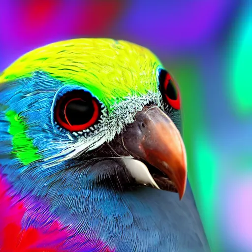 Image similar to front facing bird staring two eyes directly into camera with psychedelic background