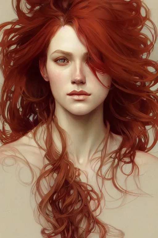 Image similar to A full portrait of Nordic female, brown red long hair, intricate, elegant, highly detailed, digital painting, artstation, concept art, smooth, sharp focus, illustration, art by Krenz Cushart and Artem Demura and alphonse mucha