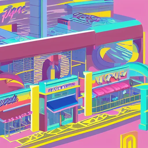 Image similar to art deco vaporwave illustration of a mall board game store in pastel and bright colors