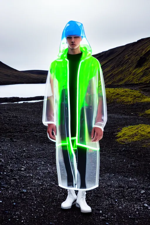 Image similar to an ultra high definition professional high fashion portrait studio full length photograph of a male model wearing a transparent pearlescent raincoat and neon visor in an icelandic black rock environment at dawn. no artefacts. extremely detailed. stark. refraction. shallow depth of field. volumetric light and shadow. ray tracing. light rays.