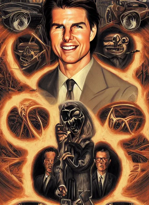 Prompt: portrait of innocent tom cruise, evil beings scheme to control him, twin peaks poster art, from scene from twin peaks, by michael whelan, artgerm, retro, nostalgic, old fashioned, 1 9 8 0 s teen horror novel cover, book