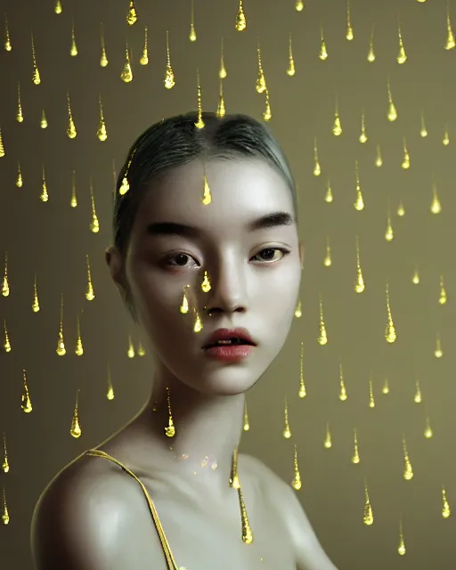 Image similar to pearl skinned girl, golden droplets on her face, casual clothes, chessboard pattern, she is looking up, intricate, crystal eyes, perfect face, atmosphere, glowing, radiant, dancing in the mud, cinematic lighting, high quality, perfect, 8 k high detail, masterpiece, trending on artstation, by seunghee lee, chengwei pan