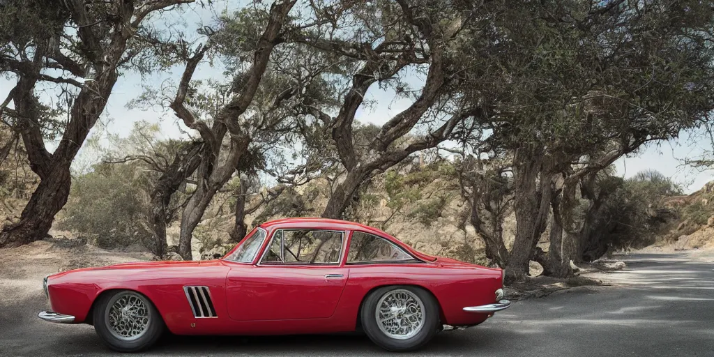 Image similar to photograph, 1958 FERRARI 250 GT, cinematic, PCH, california coast, 8k, depth of field, bokeh.