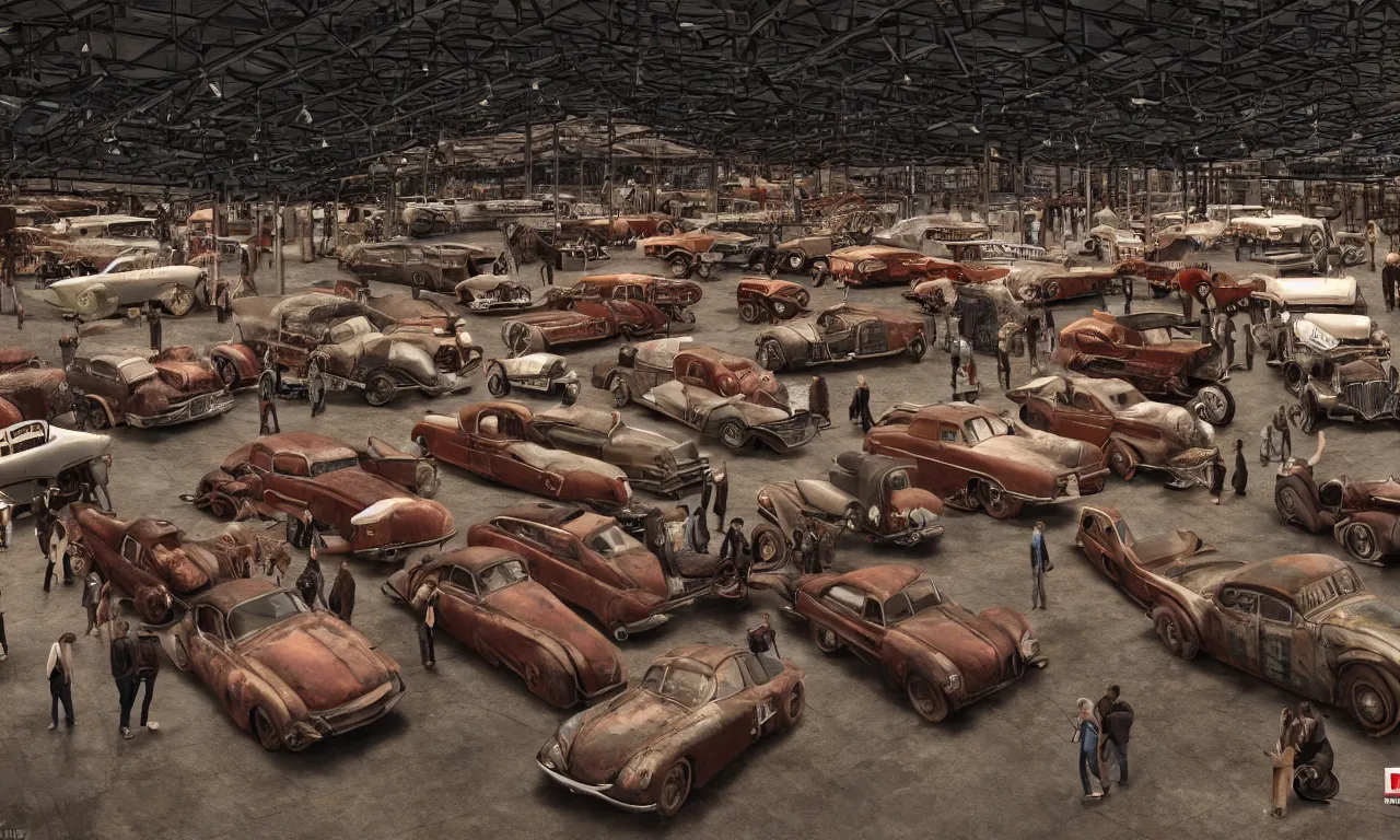 Image similar to exhibition hall full of rusty old restomods cars, plants and observing crowd people, postapo style, high detail, volumetric lighting, from new movie by digital domain and weta digital, strong ambient occlusion