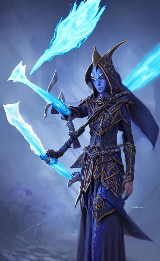 Image similar to legendary dark elf wizard with blue flame staff, highly detailed, d & d, fantasy, highly detailed, digital painting, trending on artstation, concept art, sharp focus, illustration, global illumination, ray tracing, realistic shaded, art by artgerm and greg rutkowski and fuji choko and viktoria gavrilenko and hoang lap