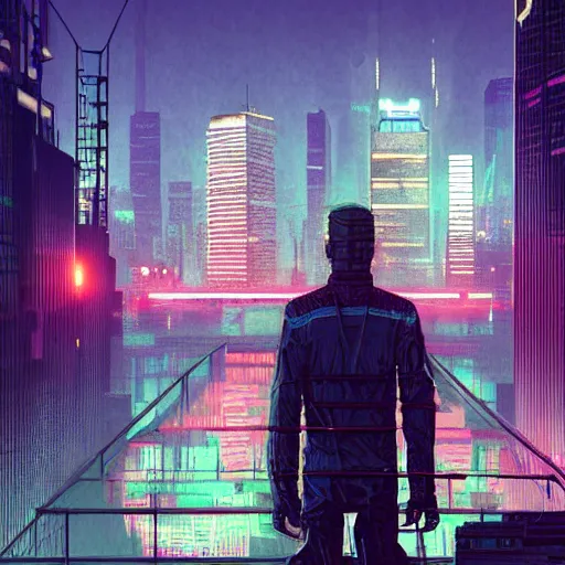 Image similar to a man standing on top of a bridge over a city, cyberpunk art by Vincent Lefevre, behance contest winner, altermodern, cityscape, synthwave, matte painting