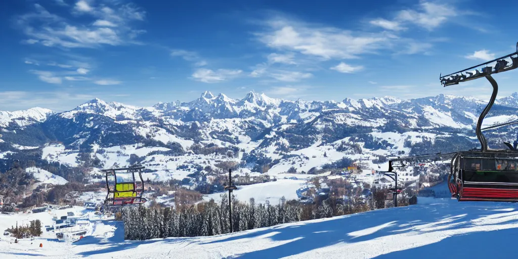 Image similar to ski lifts, mountains and ski resort at background, clear weather, artistic style, 8 k