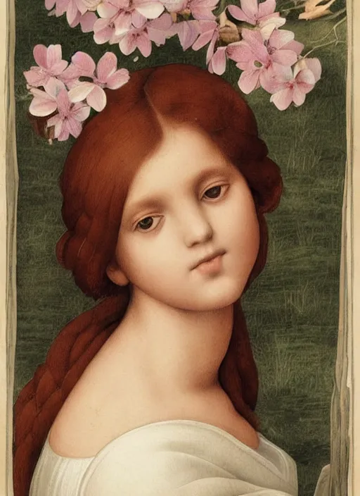 Prompt: a memory of springtime, beautiful illustrated portrait, Raphael