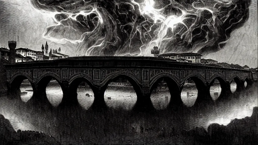 Prompt: the old bridge in florence burns, dark clouds, fire, burning, dark, eerie, night, dystopian, city, eldritch, illustration by Gustave Doré