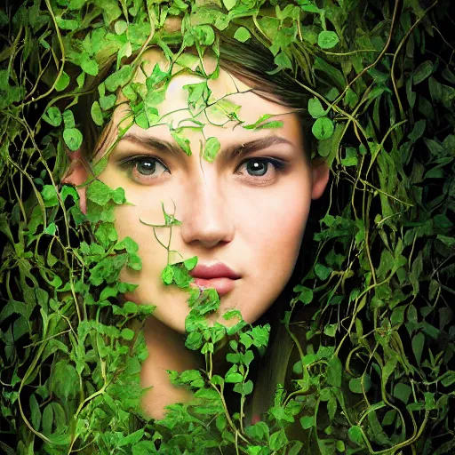 Image similar to a young womans face engulfed in green vines, surreal Art Station, concept art, cinematic, 8k, Pinterest, cgsociety, hyper detailed, ultra realistic, epic, high resolution, post processing, ultra high quality, sci fi, sharp, 4k UHD, realistic, intricate, details, masterpiece, Deviant Art, Trending on Artstation, Unreal Engine 4k, octane render