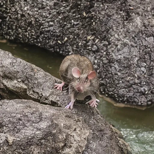 Prompt: national geographic nature photo of a grotesque mouse-man standing on a rock in the middle of a river