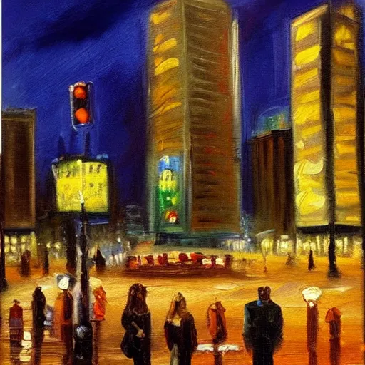 Prompt: a beautiful oil painting of the new york city town square at night, by bob ross