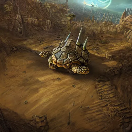 Prompt: gargantuan tortoise with a large fantasy castle armor walking through a sandy wasteland, inspired by howls moving castle and mortal engines, mid - distant shot centered birds eye view, fantasy, hyper detailed, 4 k