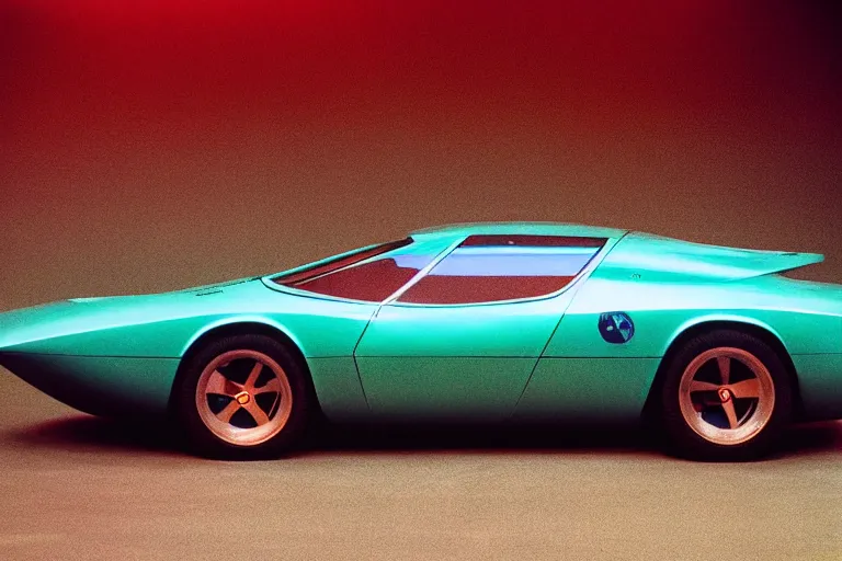 Image similar to designed by Giorgetto Giugiaro stylized poser of a single 1973 Alfa Romeo Montreal, thick neon lights, ektachrome photograph, volumetric lighting, f8 aperture, cinematic Eastman 5384 film