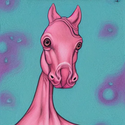 Image similar to a painting irradiated horse head in the style of Jeff Christensen, deep sea creatures, pastel pink background