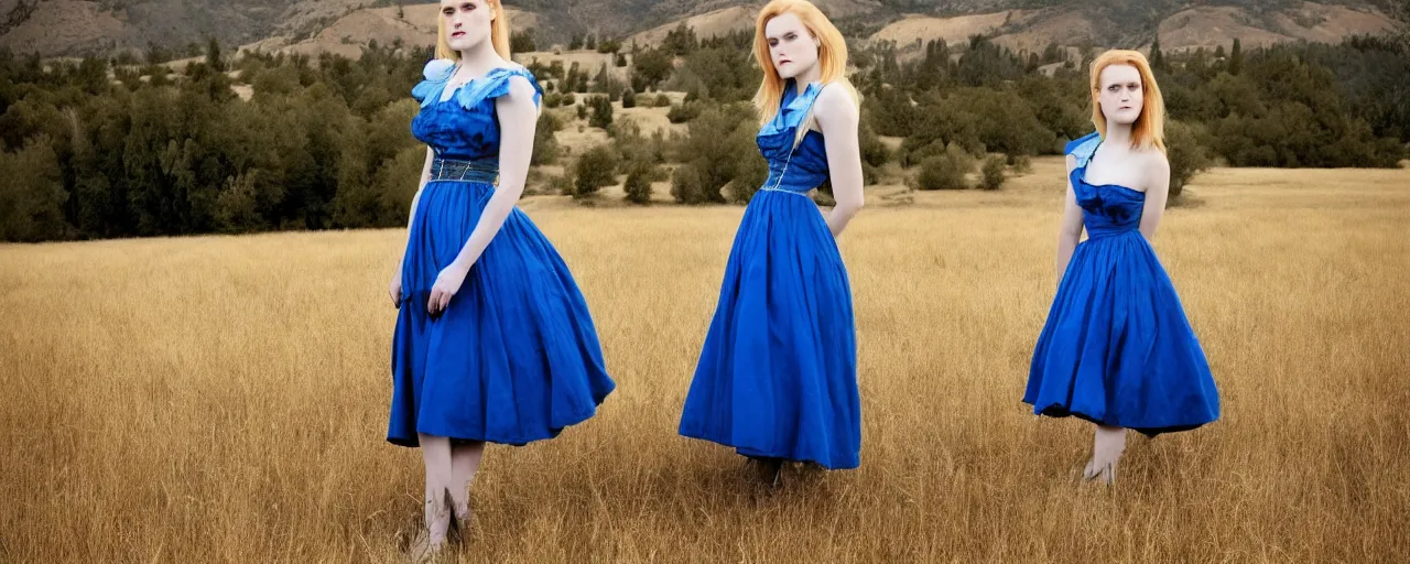 Prompt: evan rachel wood with blonde hair and a maiden blue dress in a field, old west