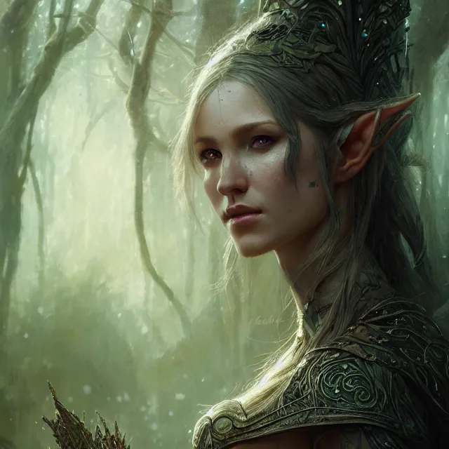 Prompt: close up portrait of a beautiful female elven warrior, magical forest background fantasy atmosphere. art by greg rutkowski. highly detailed, intricate, lifelike. sci - fi, fantasy, magical, nikon d 8 5 0.