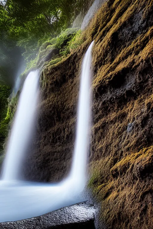 Image similar to An award winning professional photograph of a cliff face with a waterfall, long exposure shot, stunning composition.