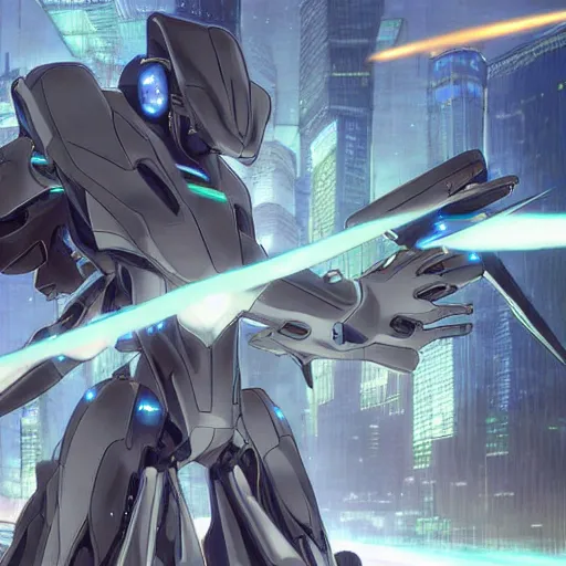 Prompt: late 2 0 1 0 s cg anime screenshot of a sleek, slender, human - scale mecha suit defending the city streets, designed by hideaki anno, drawn by tsutomu nihei, and painted by zdzislaw beksinski